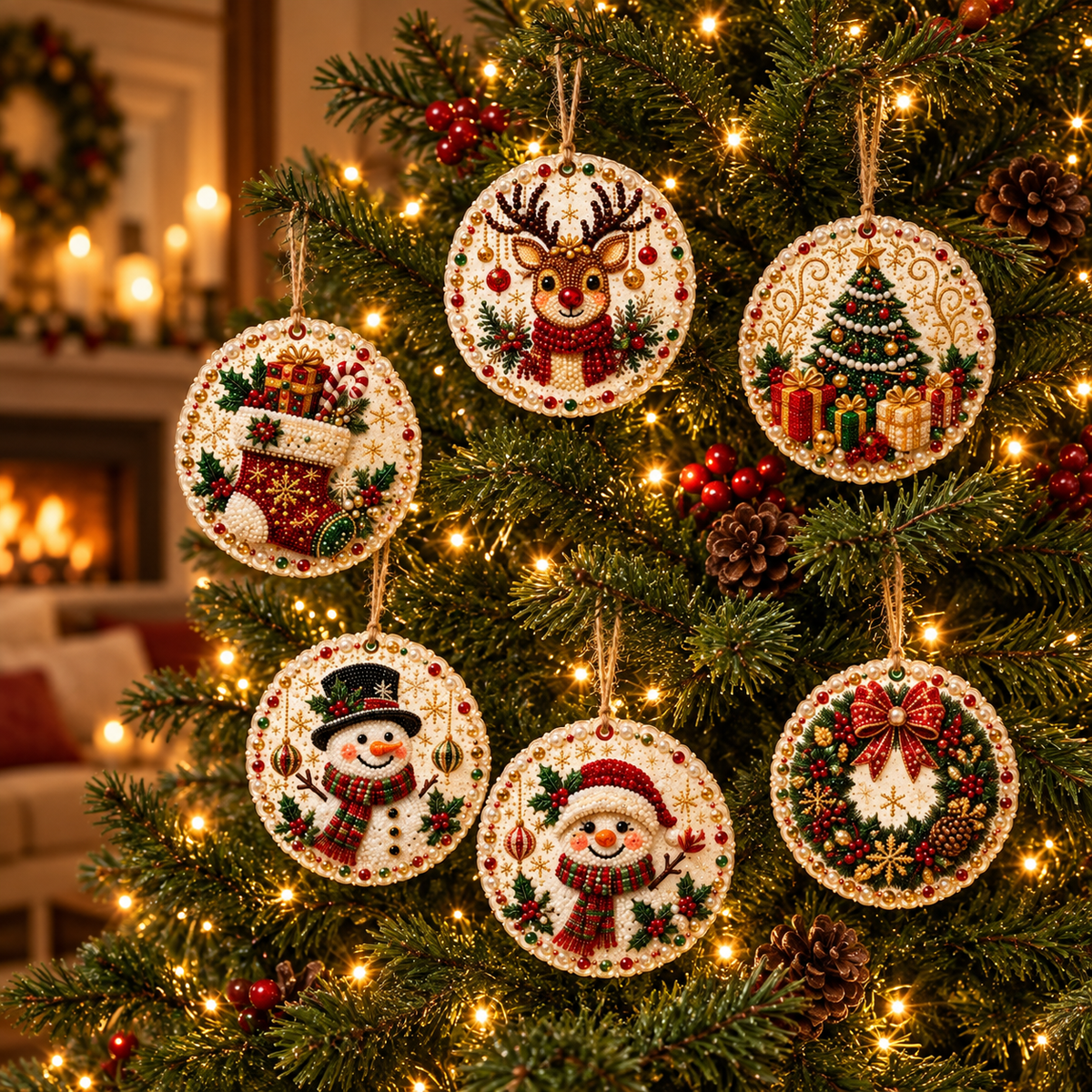 6-Piece DIY Christmas Ornament Diamond Art Kit with Pearls & Jute Twine, Hanging Decorations for Tree and Window