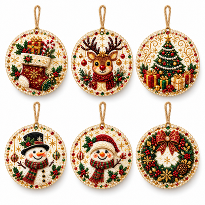 6-Piece DIY Christmas Ornament Diamond Art Kit with Pearls & Jute Twine, Hanging Decorations for Tree and Window