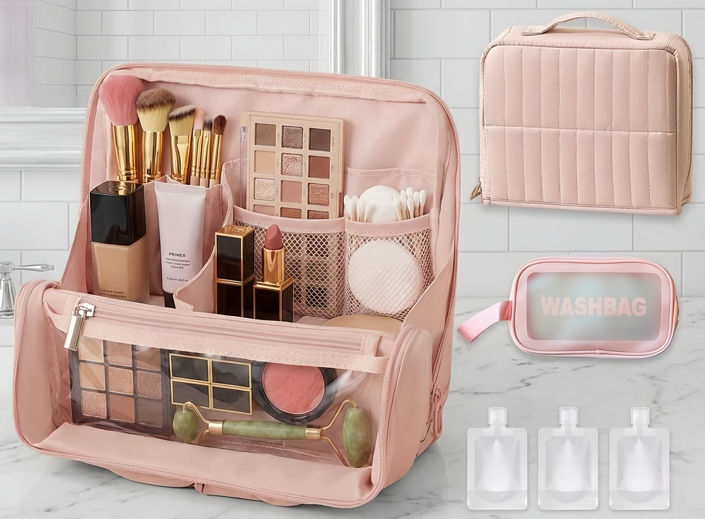 Stand up travel makeup bag set