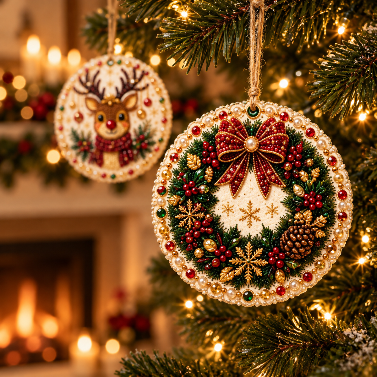 6-Piece DIY Christmas Ornament Diamond Art Kit with Pearls & Jute Twine, Hanging Decorations for Tree and Window