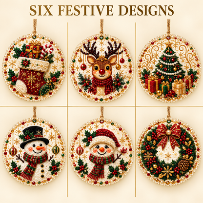 6-Piece DIY Christmas Ornament Diamond Art Kit with Pearls & Jute Twine, Hanging Decorations for Tree and Window