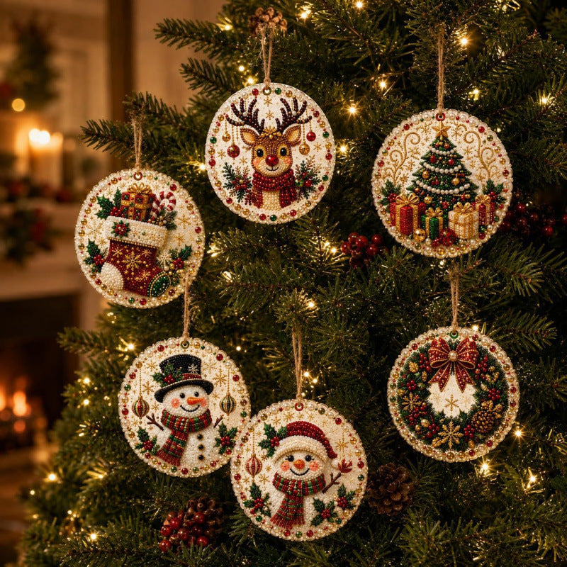 6-Piece DIY Christmas Ornament Diamond Art Kit with Pearls & Jute Twine, Hanging Decorations for Tree and Window