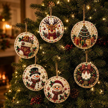 6-Piece DIY Christmas Ornament Diamond Art Kit with Pearls & Jute Twine, Hanging Decorations for Tree and Window