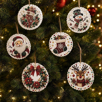 6-Piece DIY Christmas Ornament Diamond Art Kit with Pearls & Jute Twine, Hanging Decorations for Tree and Window