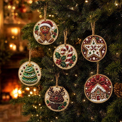 6-Piece DIY Christmas Ornament Diamond Art Kit with Pearls & Jute Twine, Hanging Decorations for Tree and Window