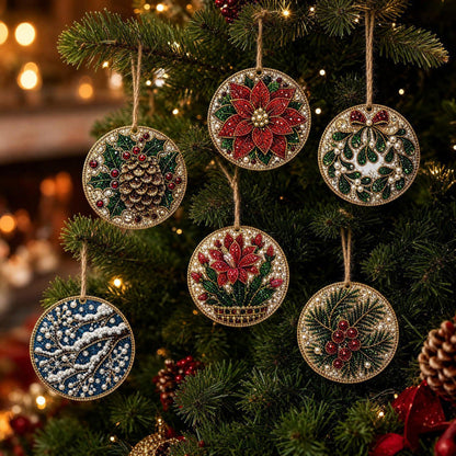 6-Piece DIY Christmas Ornament Diamond Art Kit with Pearls & Jute Twine, Hanging Decorations for Tree and Window