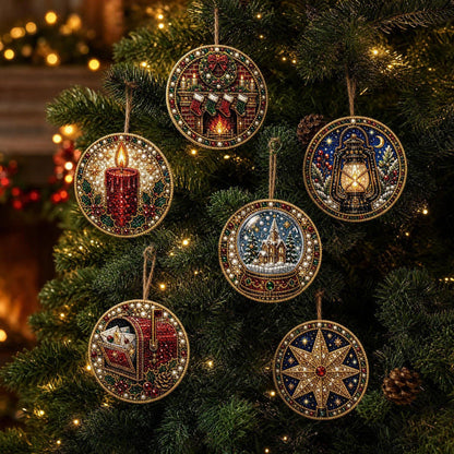 6-Piece DIY Christmas Ornament Diamond Art Kit with Pearls & Jute Twine, Hanging Decorations for Tree and Window