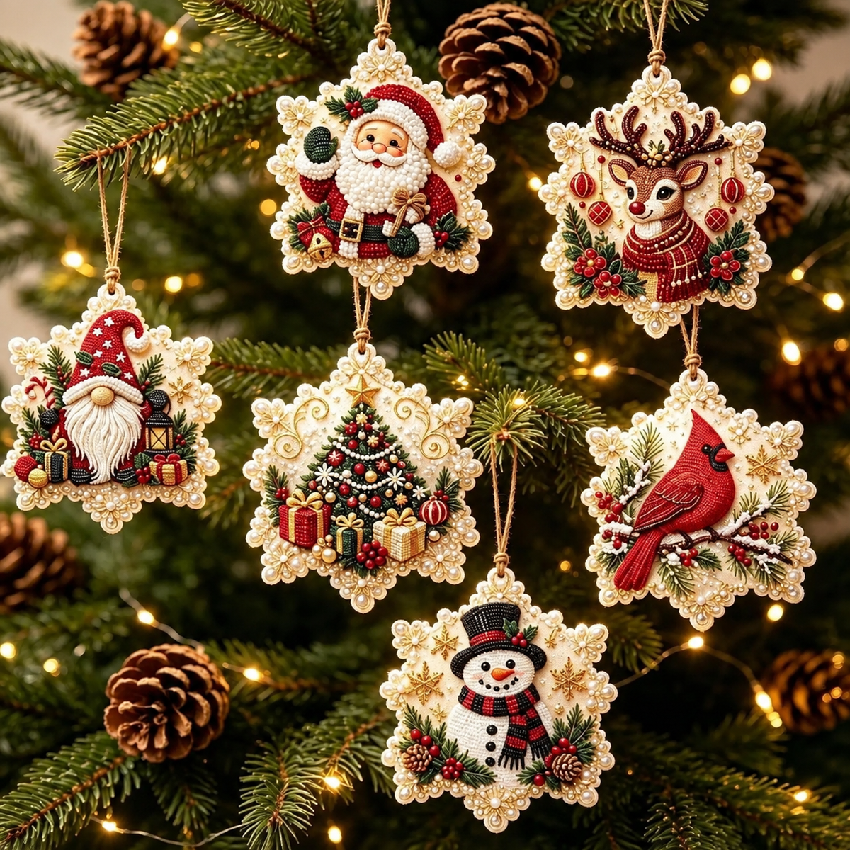 6-Piece DIY Christmas Ornament Diamond Art Kit with Pearls & Jute Twine, Hanging Decorations for Tree and Window