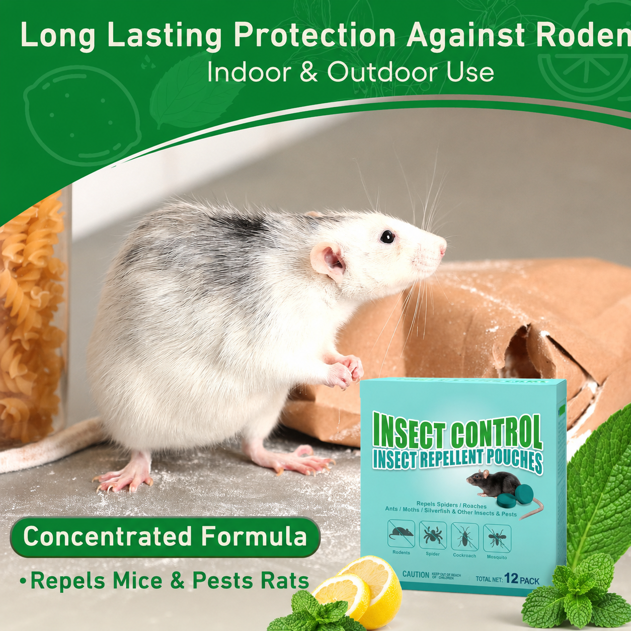 Pest Rodent Repellent, 12 Pack Peppermint Oil Repellent for Mouse Rats Spider Roach Ant Squirrel Pest Control Indoor & Outdoor, Natural Mice Deterrent Replace Trap Poisoning Family & Pet Safe Green